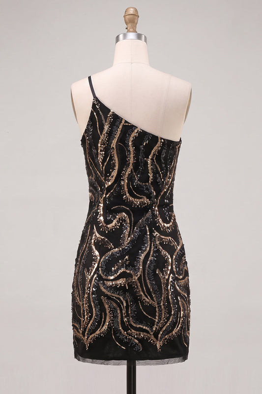 Vestido de fiesta ajustado con lentejuelas negras y un solo hombro, brillante