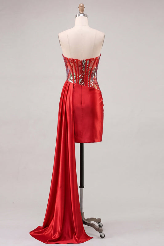 Sweetheart Red Bodycon Sheer Corset Ruched Sequin Sash Homecoming Dress