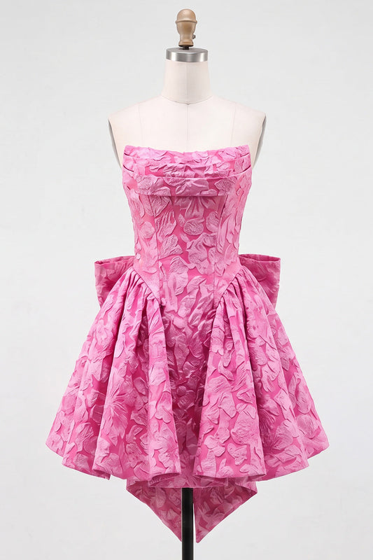 Hot Pink Strapless Floral A-Line Jacquard Bow Homecoming Dress with Lace Up Back