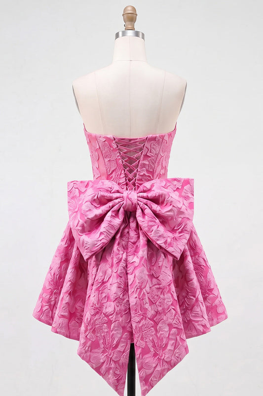 Hot Pink Strapless Floral A-Line Jacquard Bow Homecoming Dress with Lace Up Back