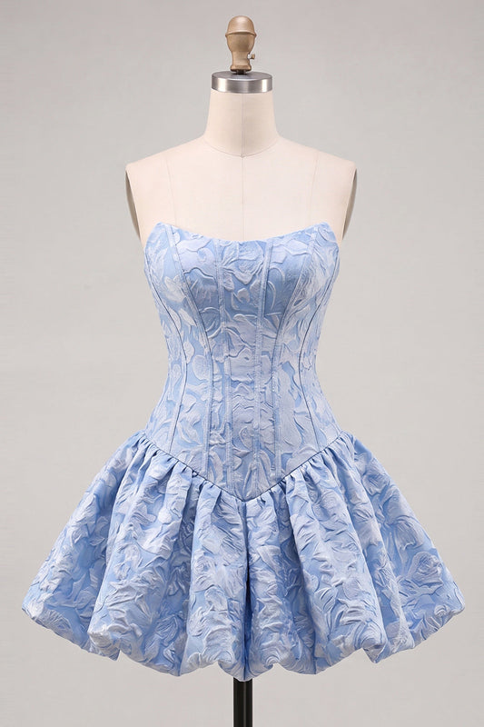 A-Line Blue Jacquard Floral Corset Strapless Homecoming Dress