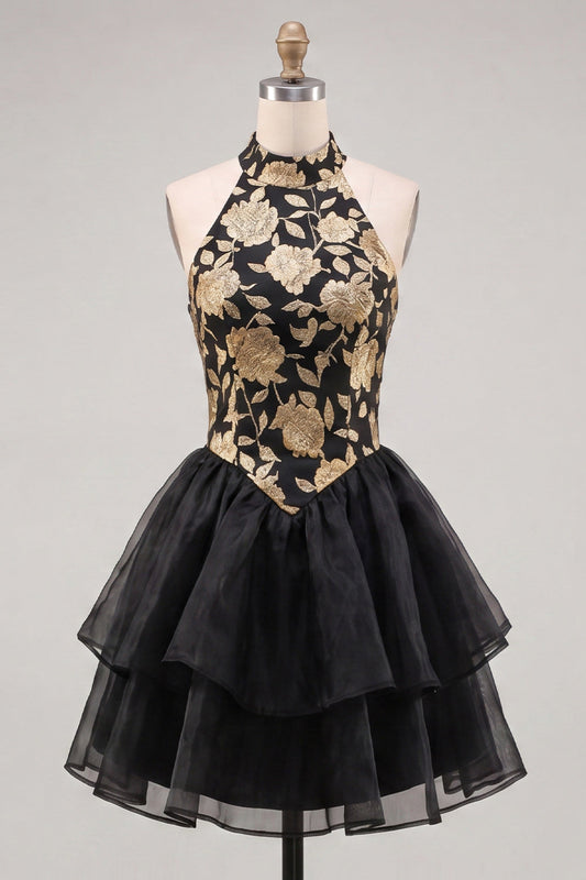 Gold and Black Halter Neck Tiered Floral A-Line Homecoming Dress with Lace-Up Back