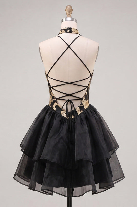 Gold and Black Halter Neck Tiered Floral A-Line Homecoming Dress with Lace-Up Back