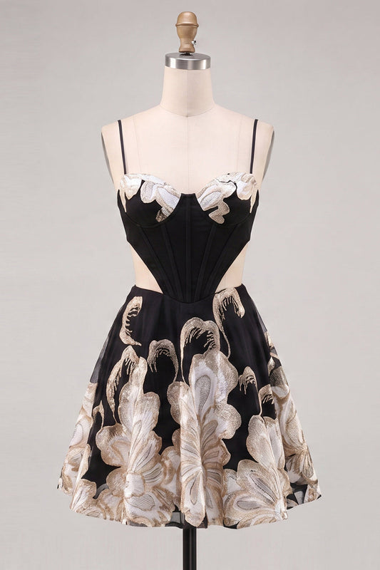 Black A-Line Cut Out Floral Homecoming Dress with Lace Up Back