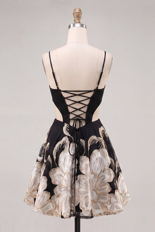 Black A-Line Cut Out Floral Homecoming Dress with Lace Up Back