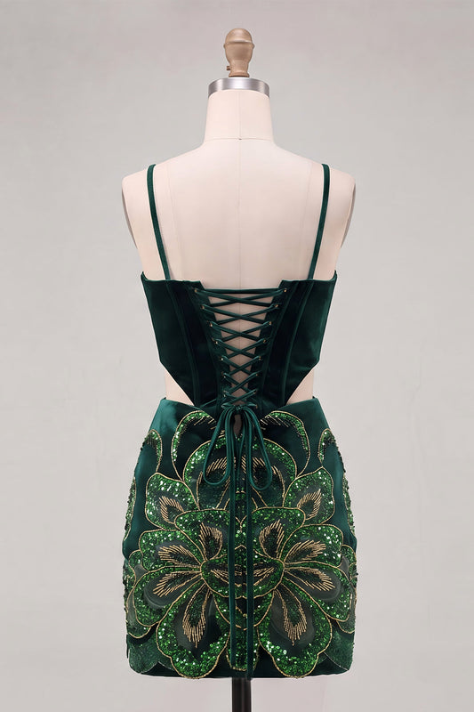 Robe de soirée moulante vert foncé avec corset, sequins floraux, découpes et laçage au dos