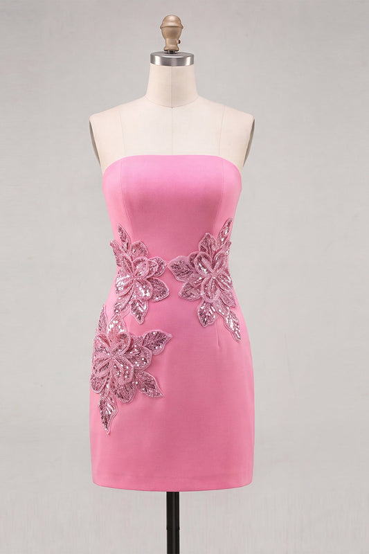 Pink Strapless Floral Sequin Bodycon Homecoming Dress