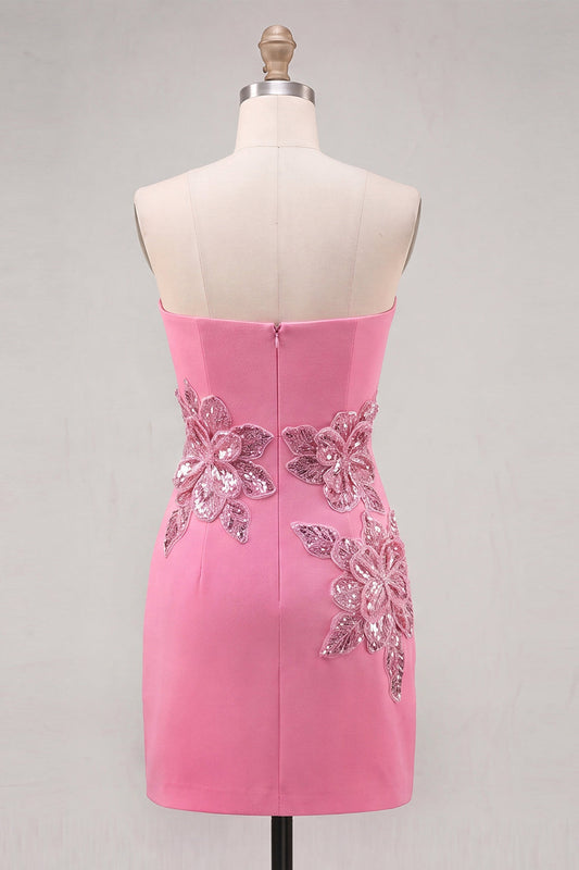 Pink Strapless Floral Sequin Bodycon Homecoming Dress