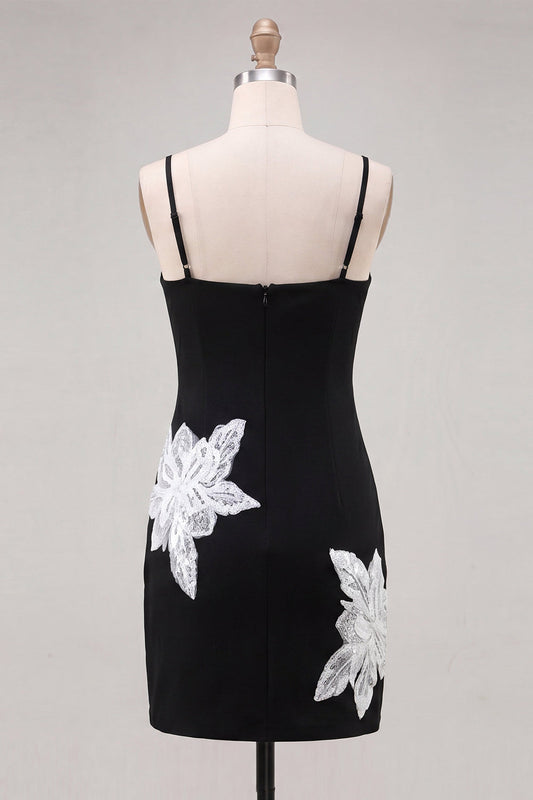Black Floral Spaghetti Straps Sequins Homecoming Dress