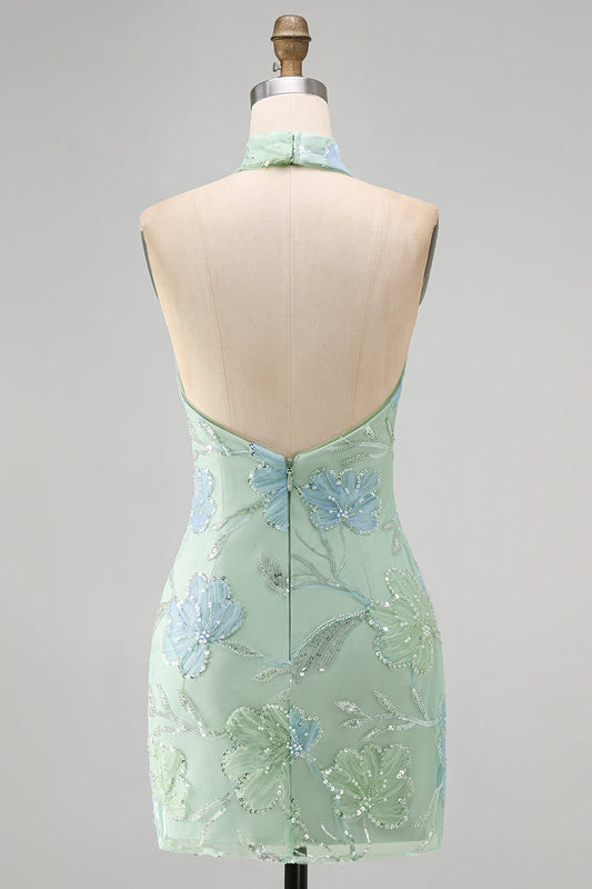 Robe de cocktail vert menthe moulante à licou et à sequins floraux