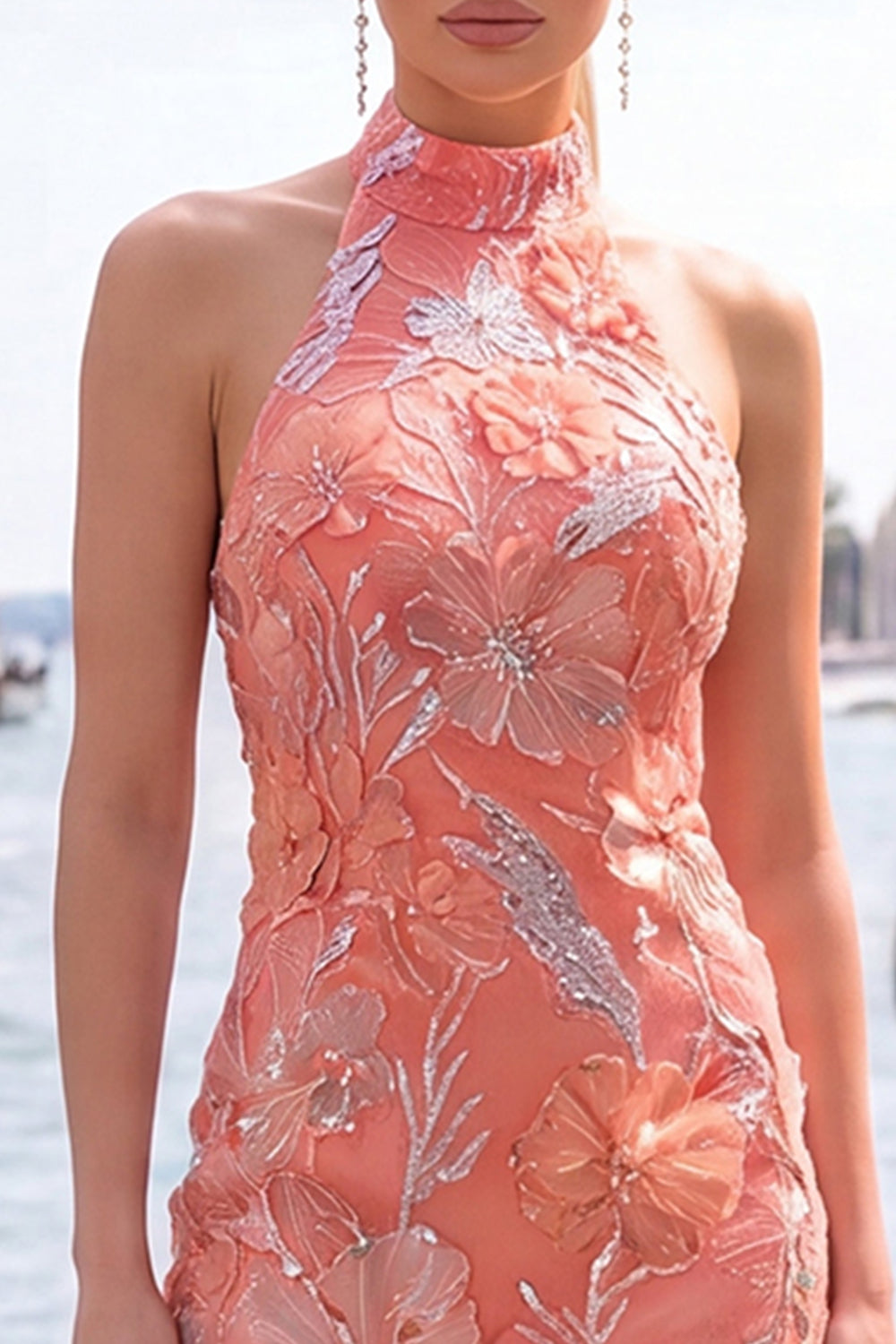 Robe de cocktail vert menthe moulante à licou et à sequins floraux