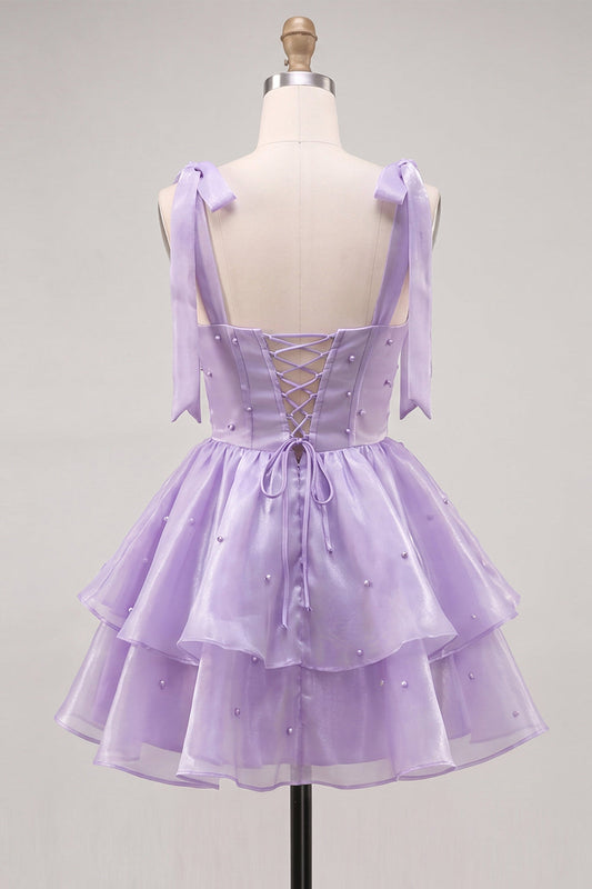 Lilac Pearl Mini Fairy Tale Tiered Homecoming Dress with Lace-Up Back