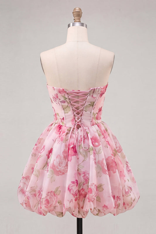 A-Line Pink Sweetheart Floral Chiffon Homecoming Dress with Lace Up Back