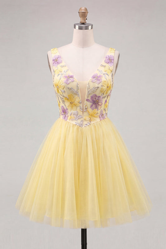 A-Line Yellow V-Neck Floral Sequin Homecoming Dress