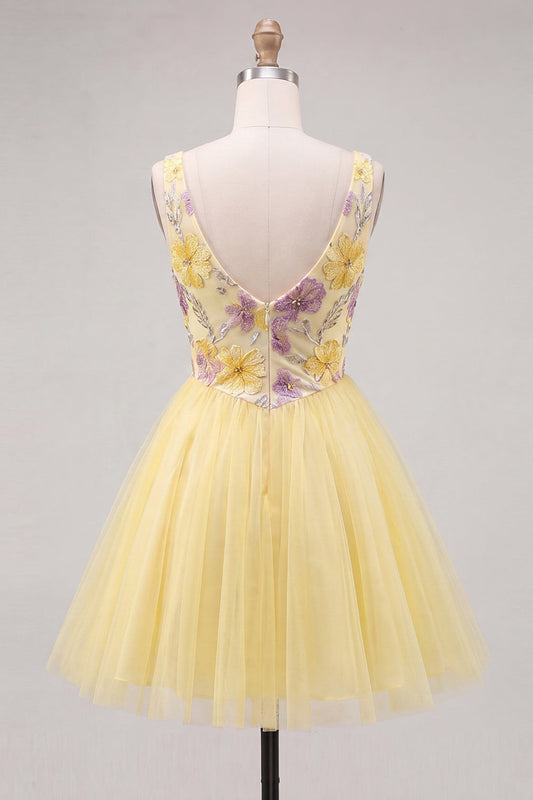 A-Line Yellow V-Neck Floral Sequin Homecoming Dress