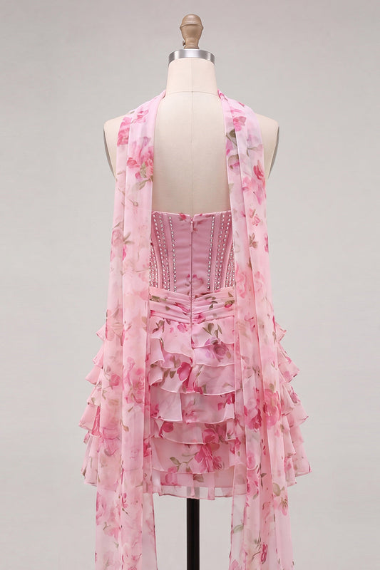 A-Line Pink Sweetheart Corset Tiered Floral Beaded Homecoming Dress with Neck Scarf