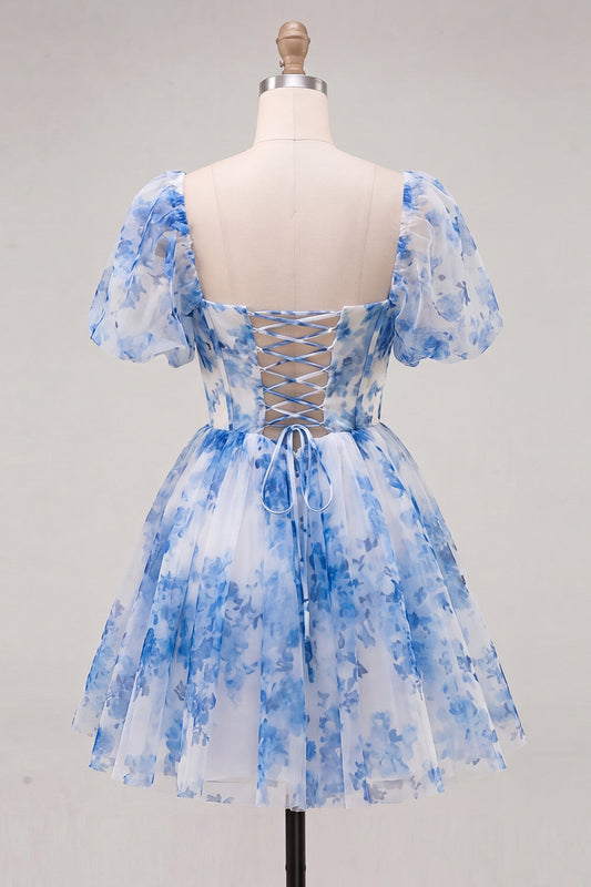 A-Line Blue Square Neck Corset Floral Homecoming Dress with Lace Up Back