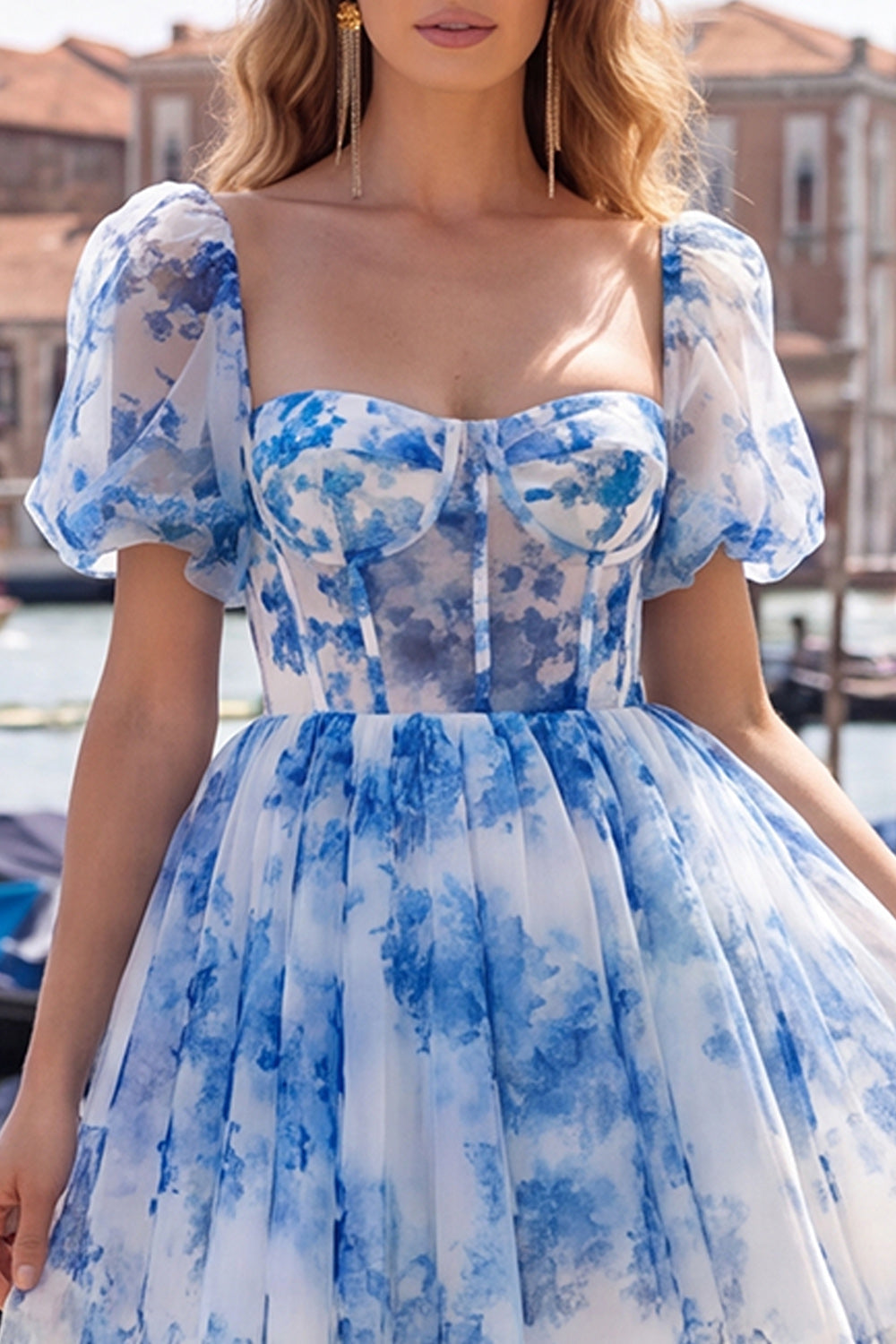 A-Line Blue Square Neck Corset Floral Homecoming Dress with Lace Up Back
