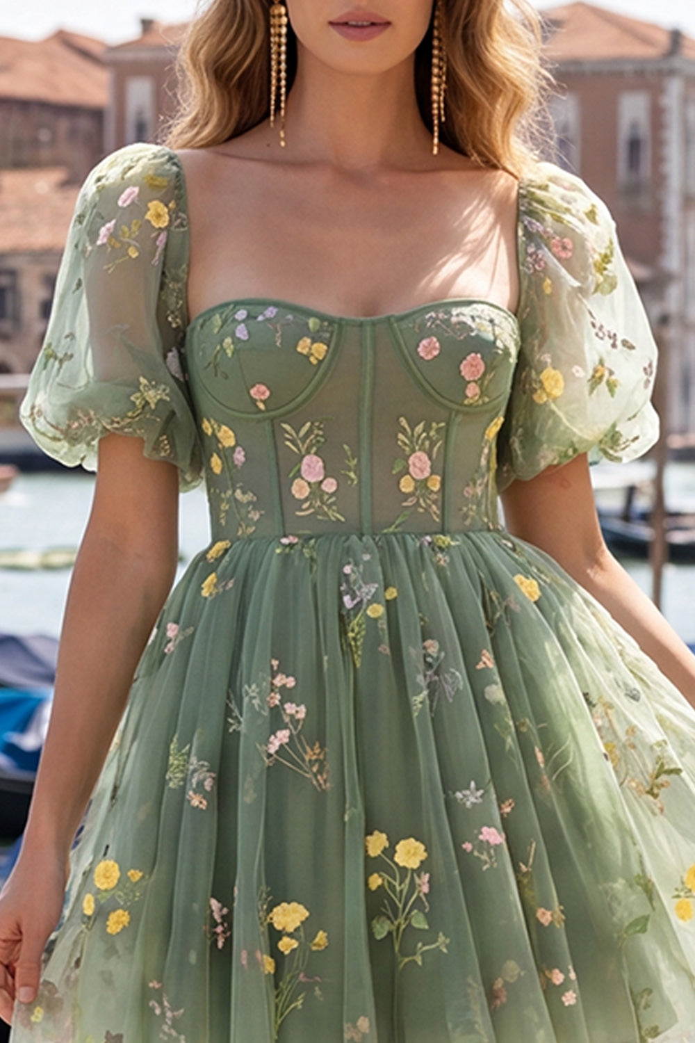 A-Line Blue Square Neck Corset Floral Homecoming Dress with Lace Up Back