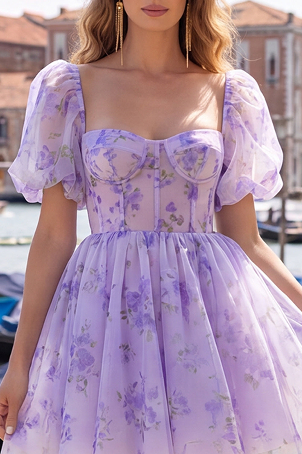 A-Line Blue Square Neck Corset Floral Homecoming Dress with Lace Up Back