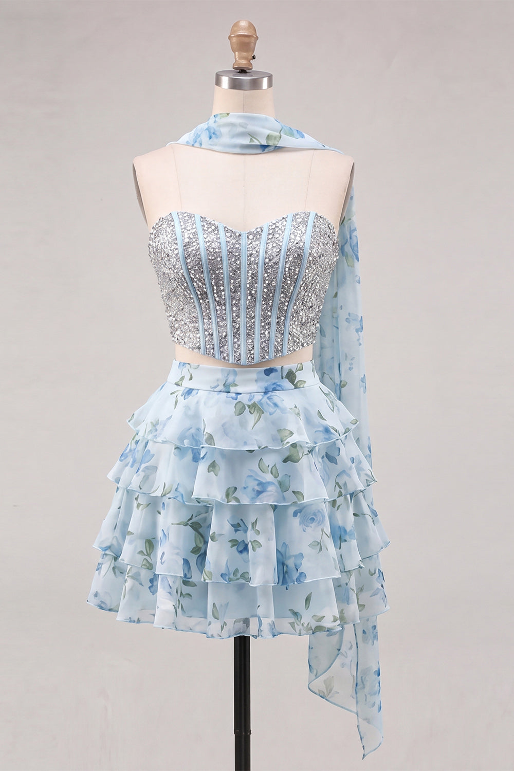 Sweetheart Light Blue 2 Piece A-Line Corset Tiered Floral Homecoming Dress with Beading