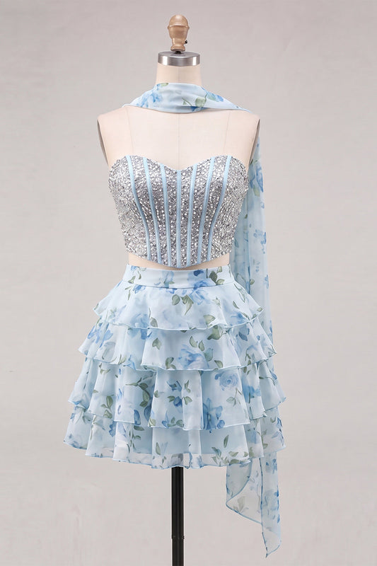 Sweetheart Light Blue 2 Piece A-Line Corset Tiered Floral Homecoming Dress with Beading