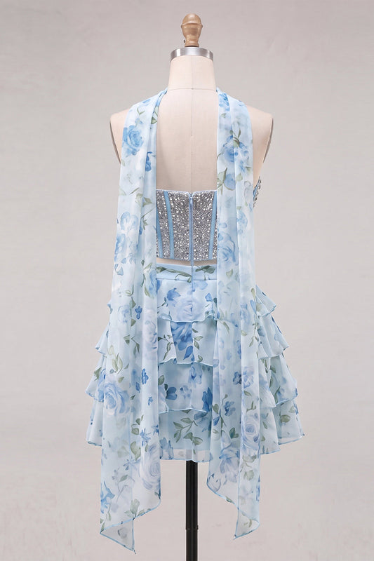 Sweetheart Light Blue 2 Piece A-Line Corset Tiered Floral Homecoming Dress with Beading