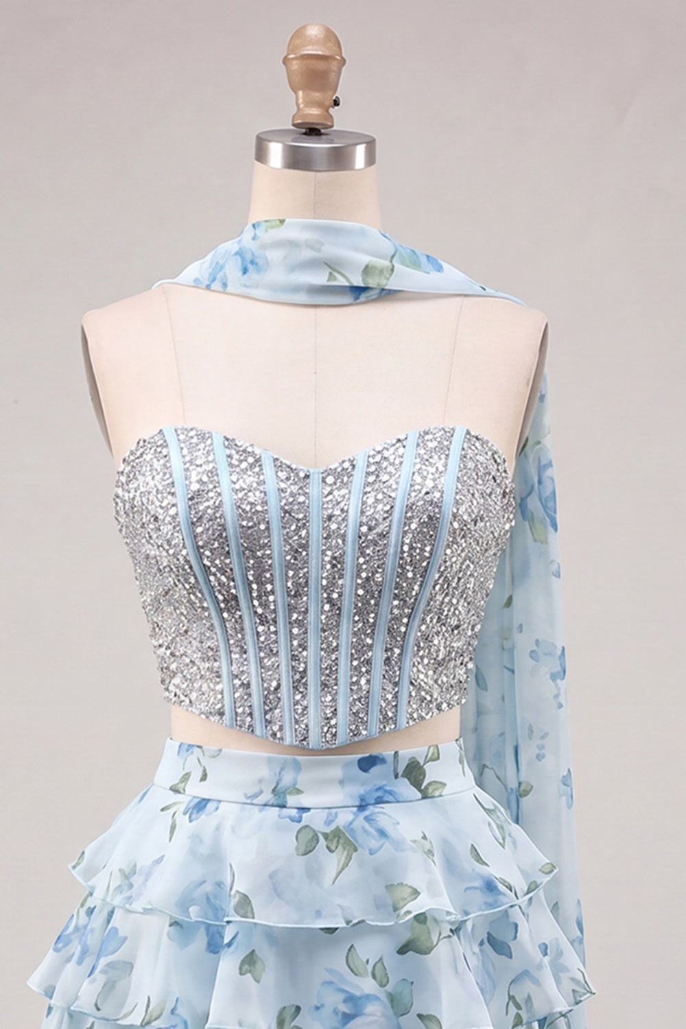 Sweetheart Light Blue 2 Piece A-Line Corset Tiered Floral Homecoming Dress with Beading