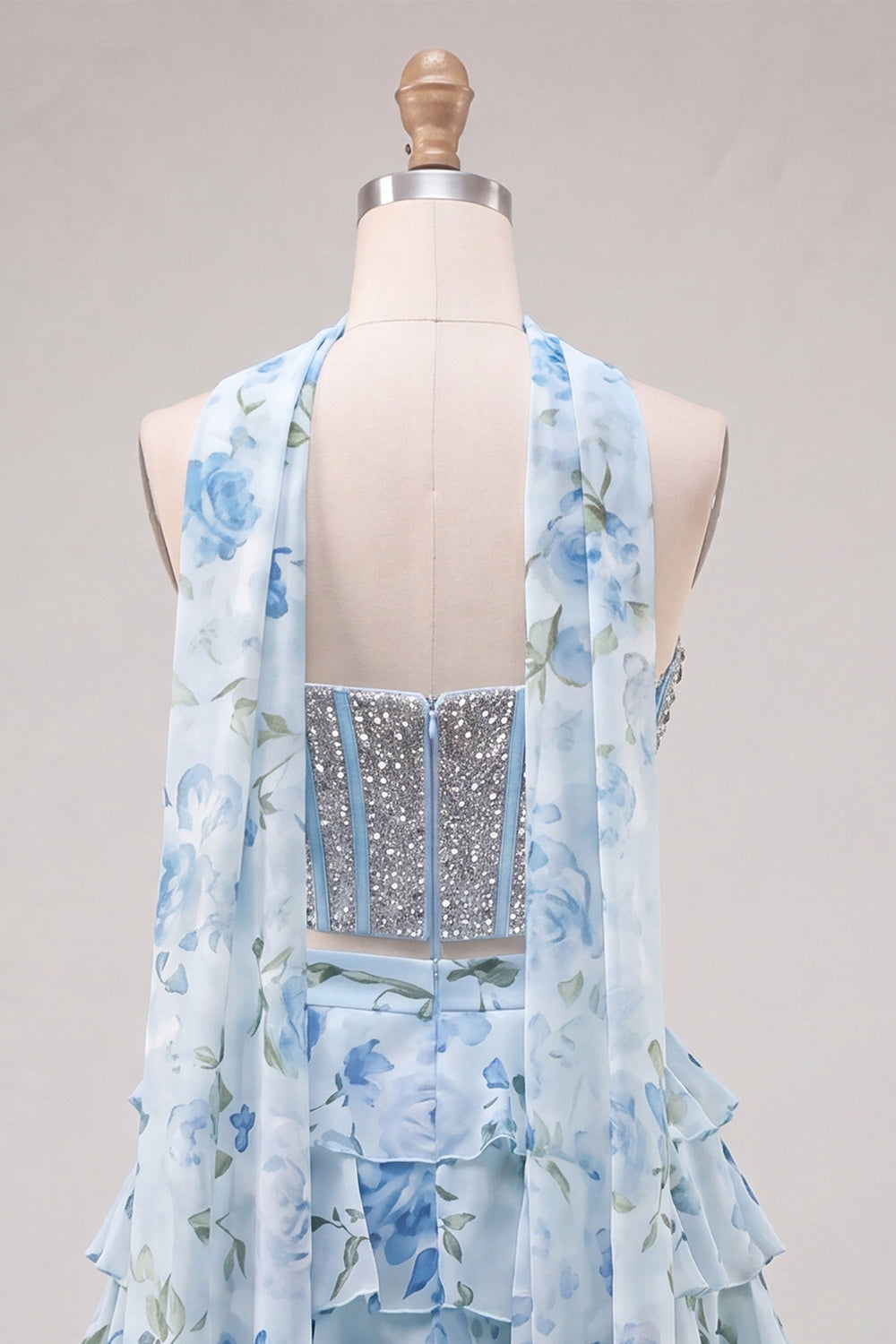 Sweetheart Light Blue 2 Piece A-Line Corset Tiered Floral Homecoming Dress with Beading