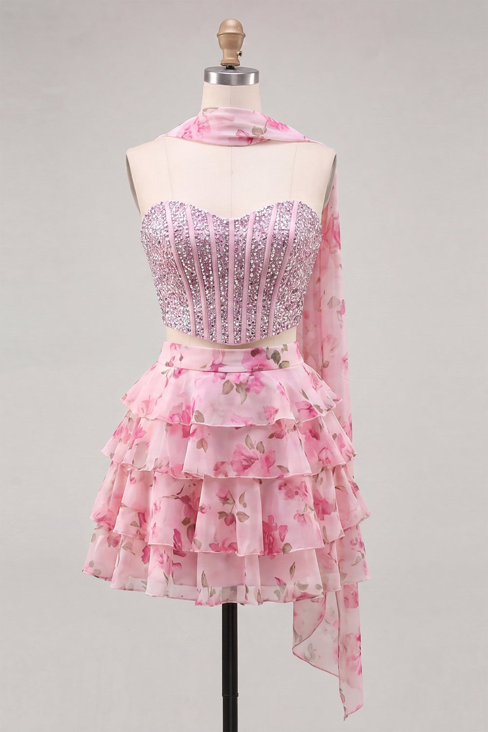 Sweetheart Light Blue 2 Piece A-Line Corset Tiered Floral Homecoming Dress with Beading