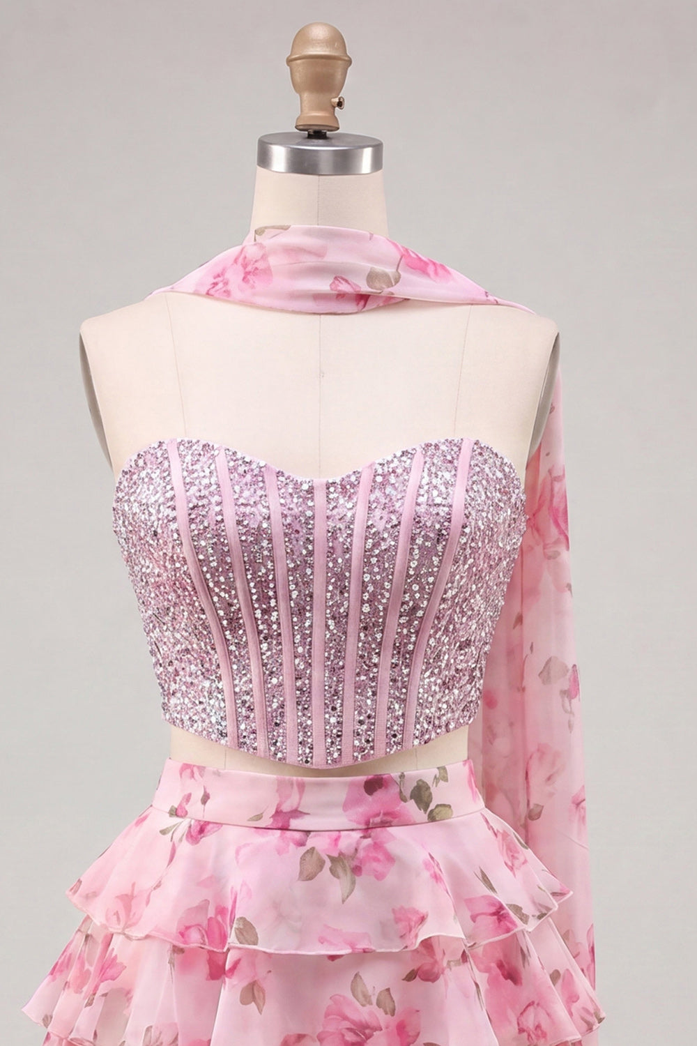 Sweetheart Light Blue 2 Piece A-Line Corset Tiered Floral Homecoming Dress with Beading