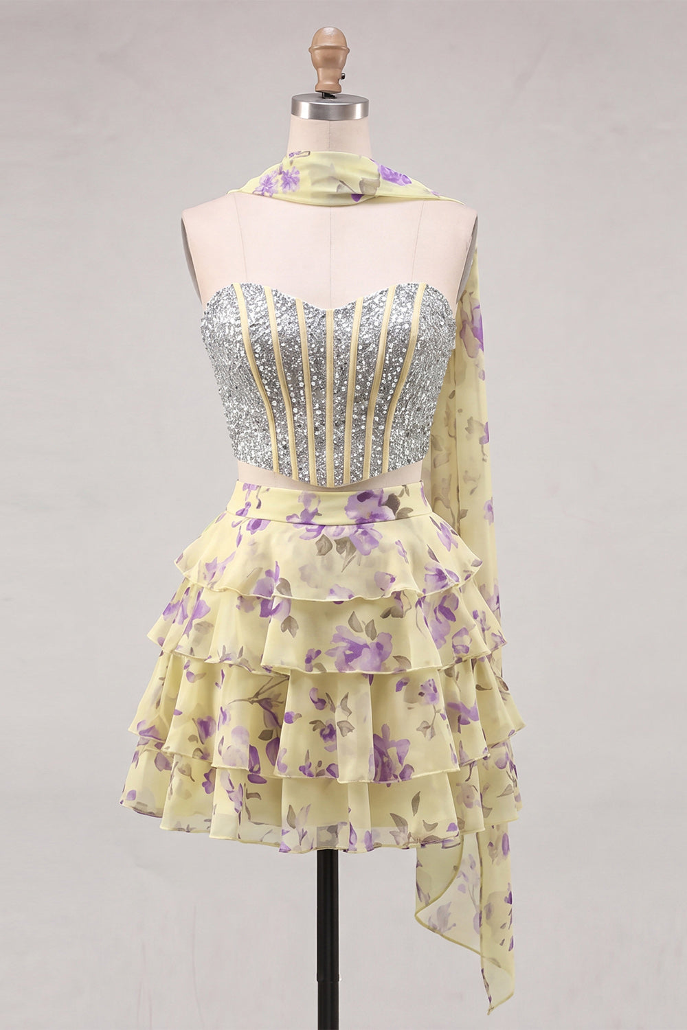 Sweetheart Light Blue 2 Piece A-Line Corset Tiered Floral Homecoming Dress with Beading