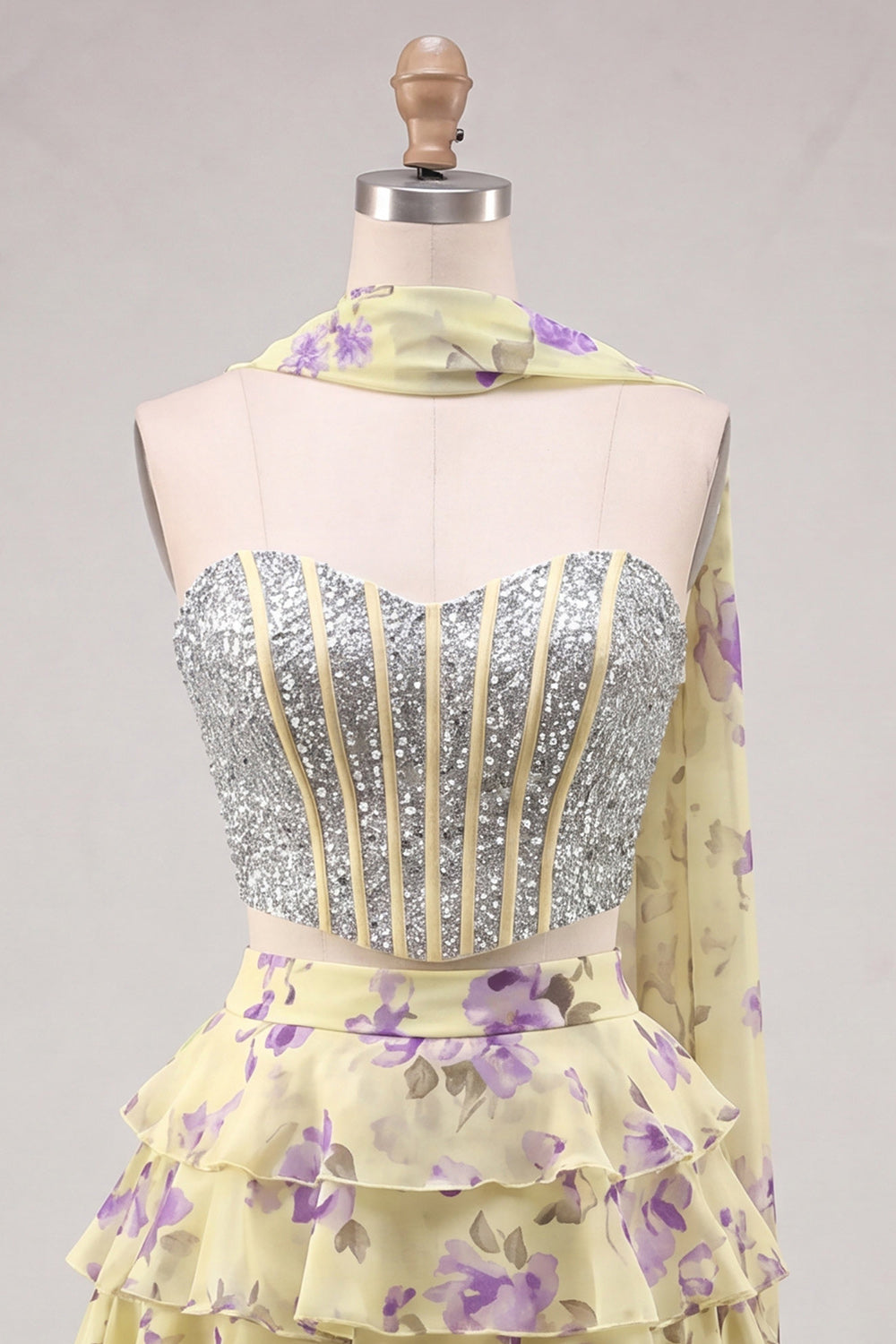 Sweetheart Light Blue 2 Piece A-Line Corset Tiered Floral Homecoming Dress with Beading