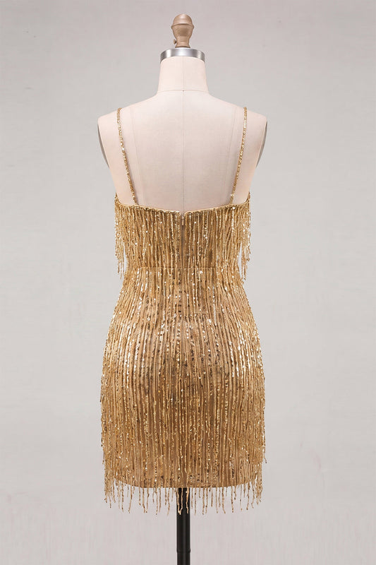 Gold Bodycon Spaghetti Straps Sequins Cocktail Dress with Fringes