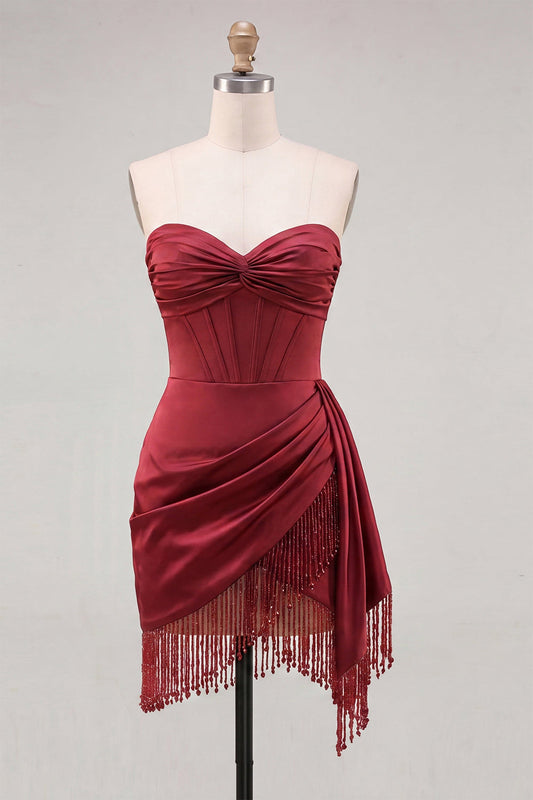 Robe de bal de fin d'année corset bustier froncé à franges lacé au dos, couleur bordeaux
