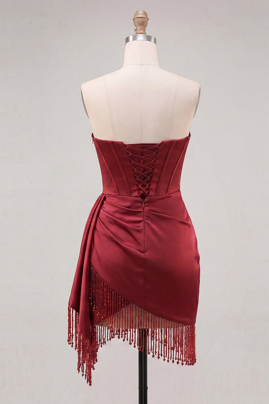 Robe de bal de fin d'année corset bustier froncé à franges lacé au dos, couleur bordeaux