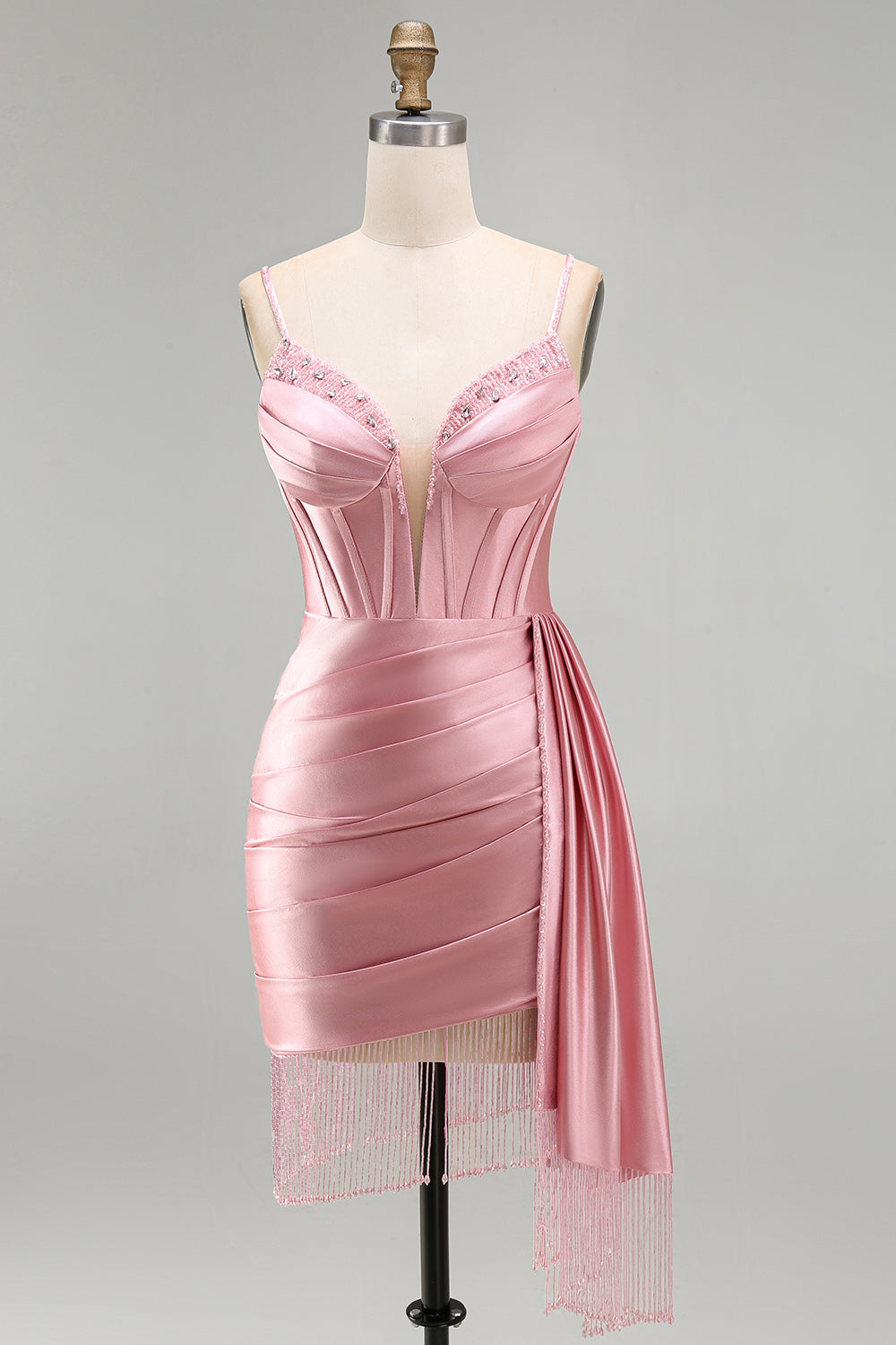 Robe de Soirée Courte Rose Moulante Corset Froncée Frangée Perles avec Écharpe