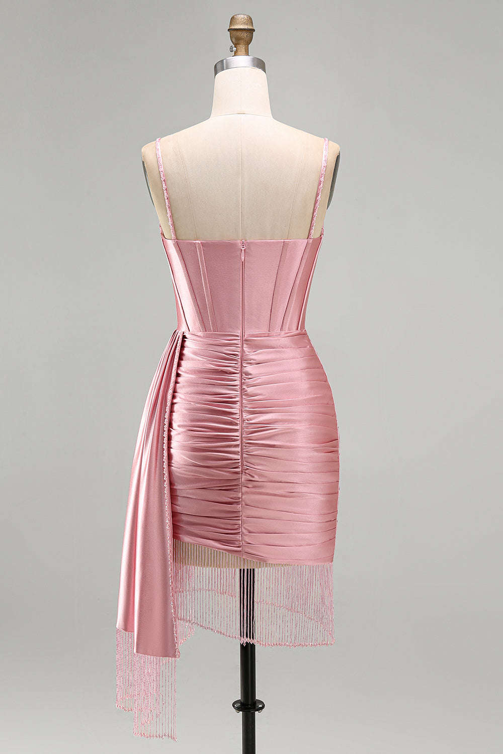 Robe de Soirée Courte Rose Moulante Corset Froncée Frangée Perles avec Écharpe