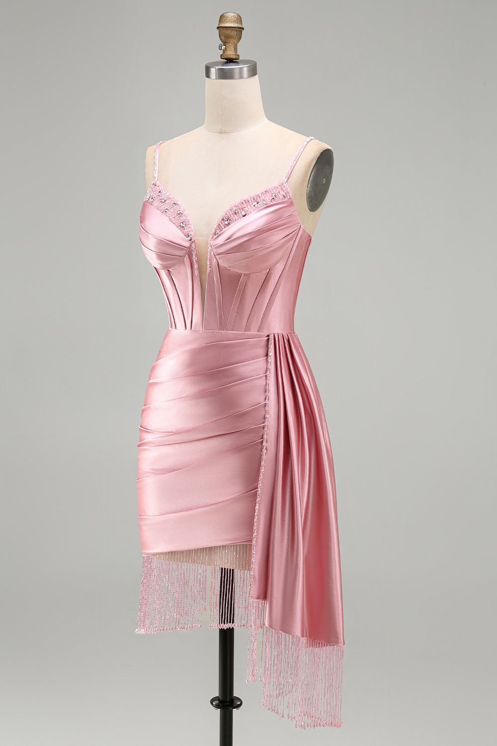 Robe de Soirée Courte Rose Moulante Corset Froncée Frangée Perles avec Écharpe