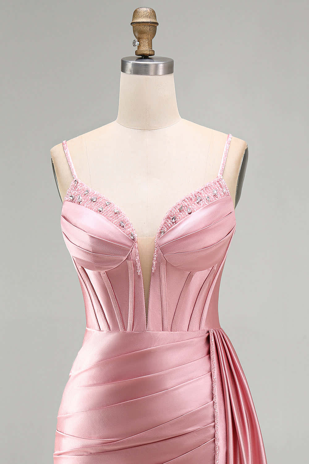 Robe de Soirée Courte Rose Moulante Corset Froncée Frangée Perles avec Écharpe