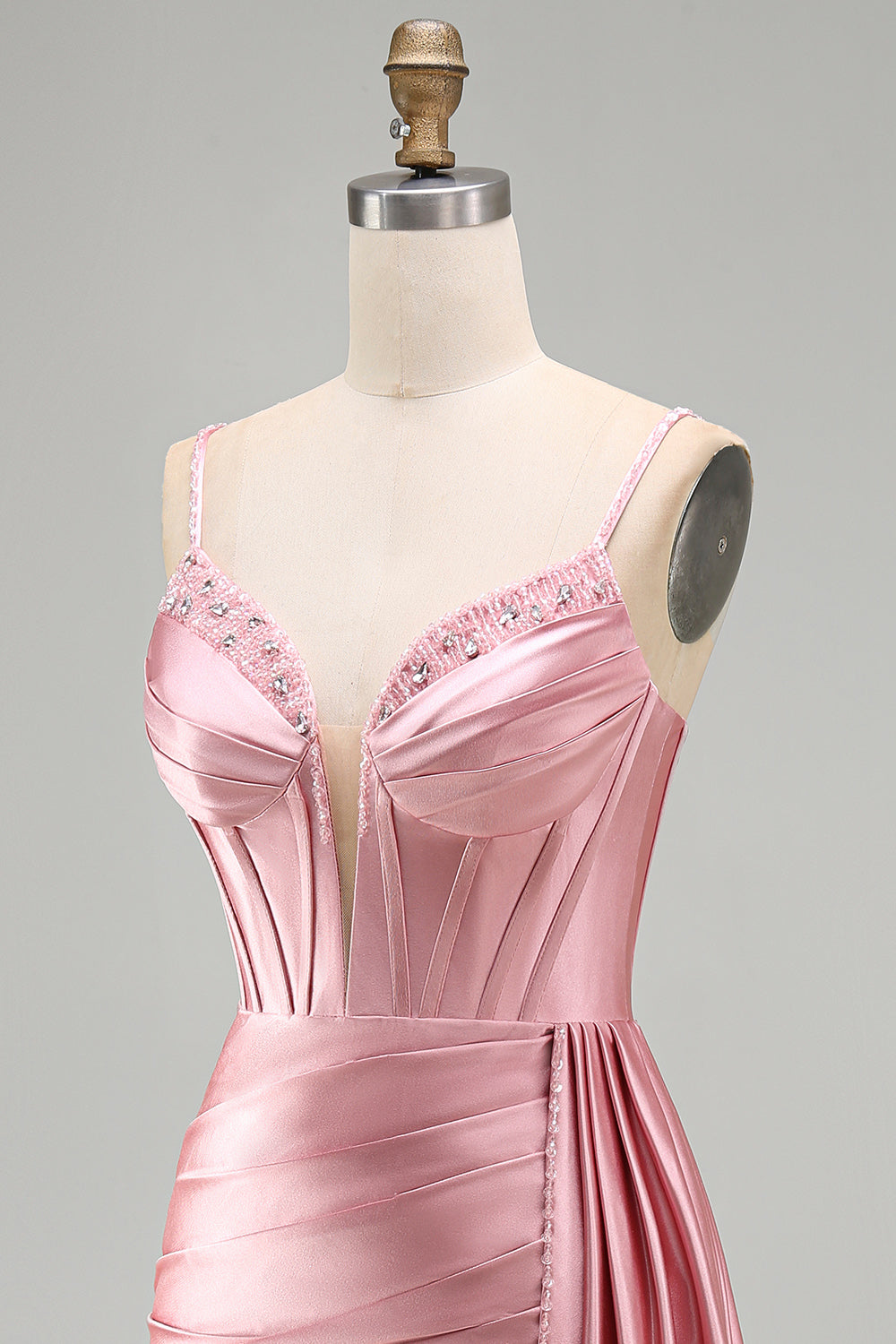Robe de Soirée Courte Rose Moulante Corset Froncée Frangée Perles avec Écharpe