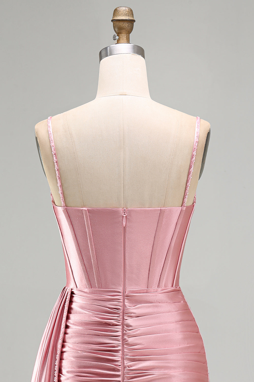 Robe de Soirée Courte Rose Moulante Corset Froncée Frangée Perles avec Écharpe