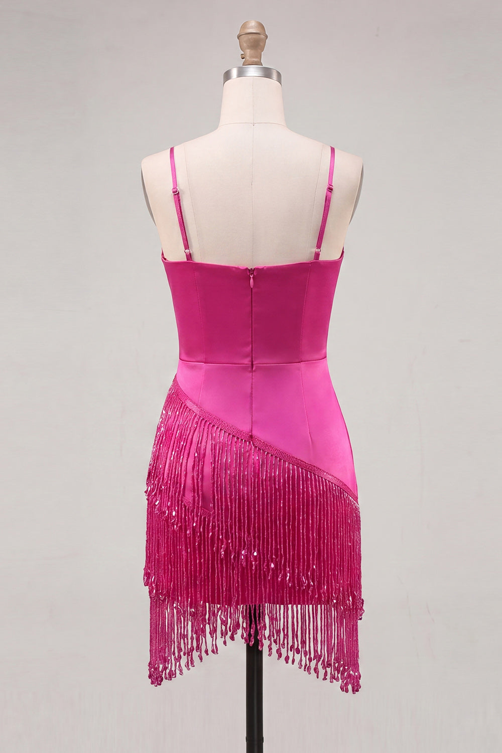 Satin Fuchsia Bodycon Spaghetti Straps Short Homecoming Dress with Fringes