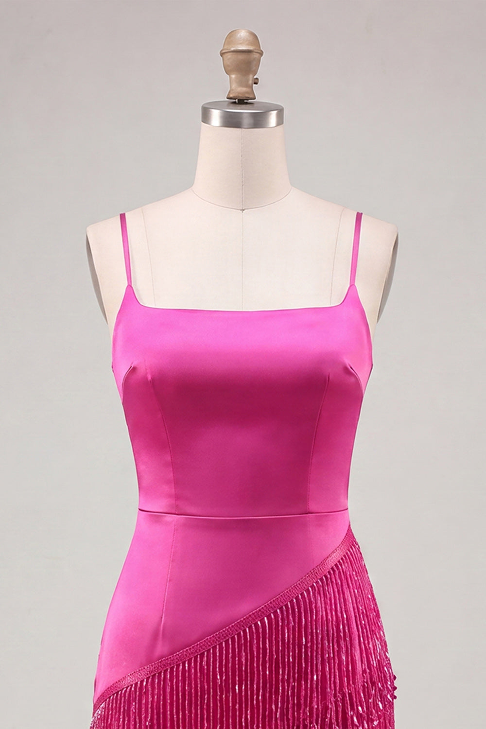 Satin Fuchsia Bodycon Spaghetti Straps Short Homecoming Dress with Fringes