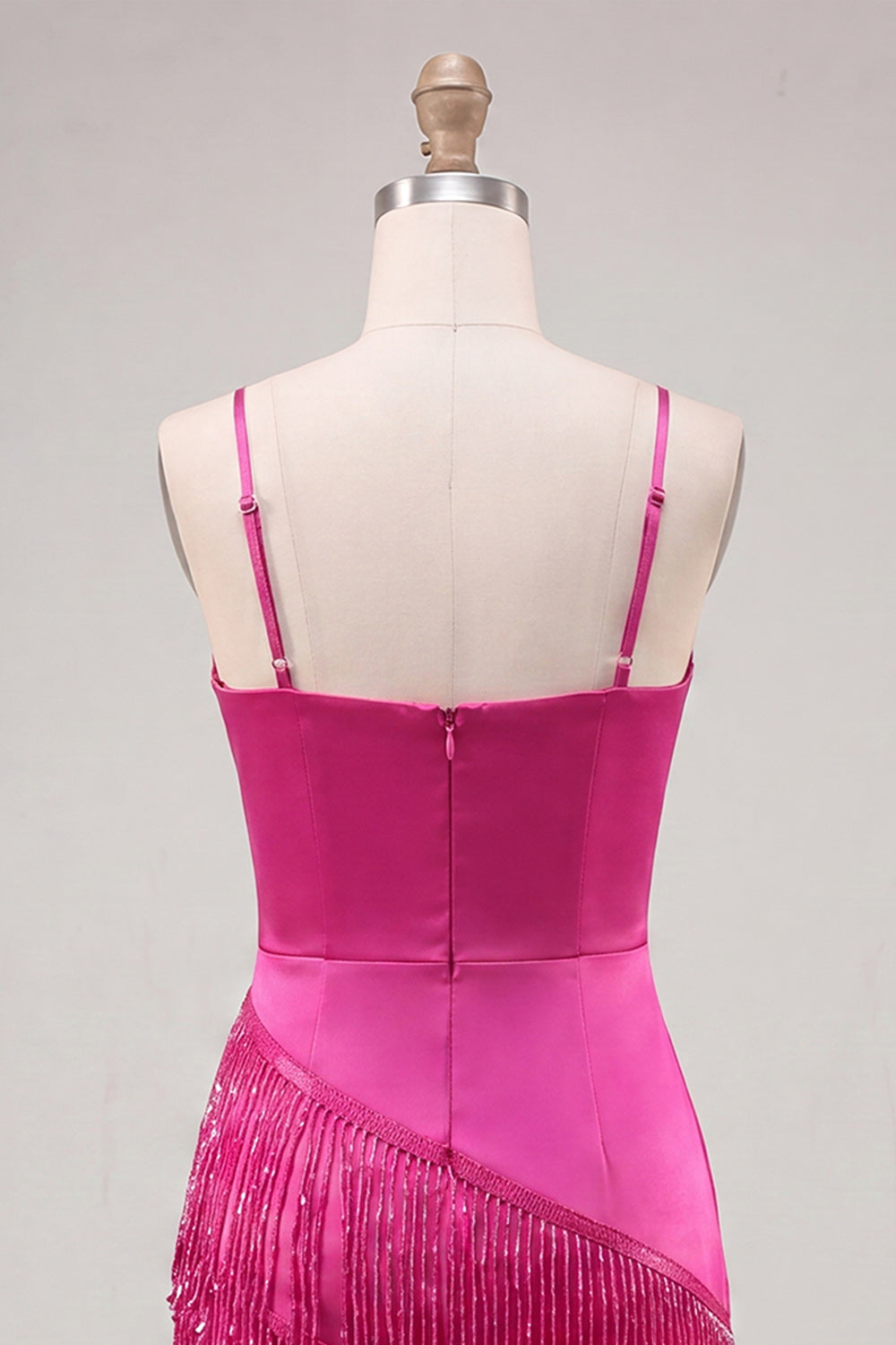 Satin Fuchsia Bodycon Spaghetti Straps Short Homecoming Dress with Fringes
