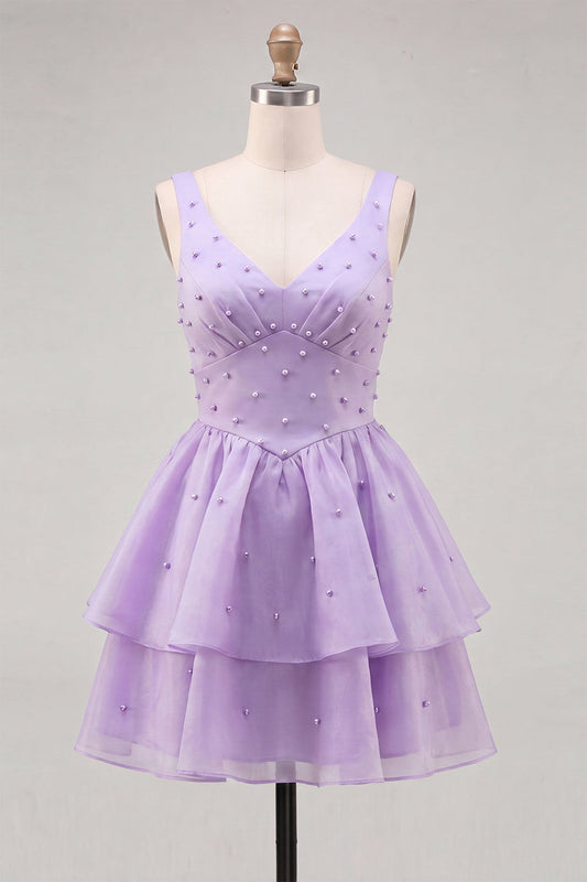 Lilac A-Line Tiered V-Neck Pearl Short Homecoming Dress with Lace Up Back