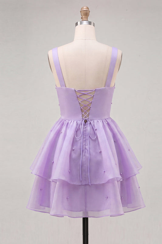 Lilac A-Line Tiered V-Neck Pearl Short Homecoming Dress with Lace Up Back