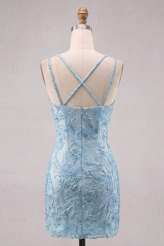 Light Blue Bodycon Spaghetti Straps Floral Short Homecoming Dress with Beading