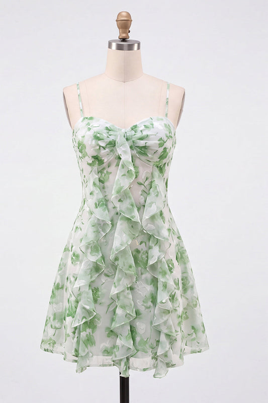 Robe Courte de Demoiselle d'Honneur en Mousseline Verte Coupe Trapèze à Volants et Bretelles Fines avec Motif Floral