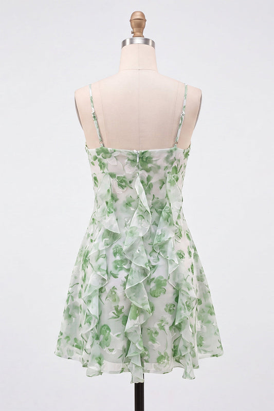 Robe Courte de Demoiselle d'Honneur en Mousseline Verte Coupe Trapèze à Volants et Bretelles Fines avec Motif Floral